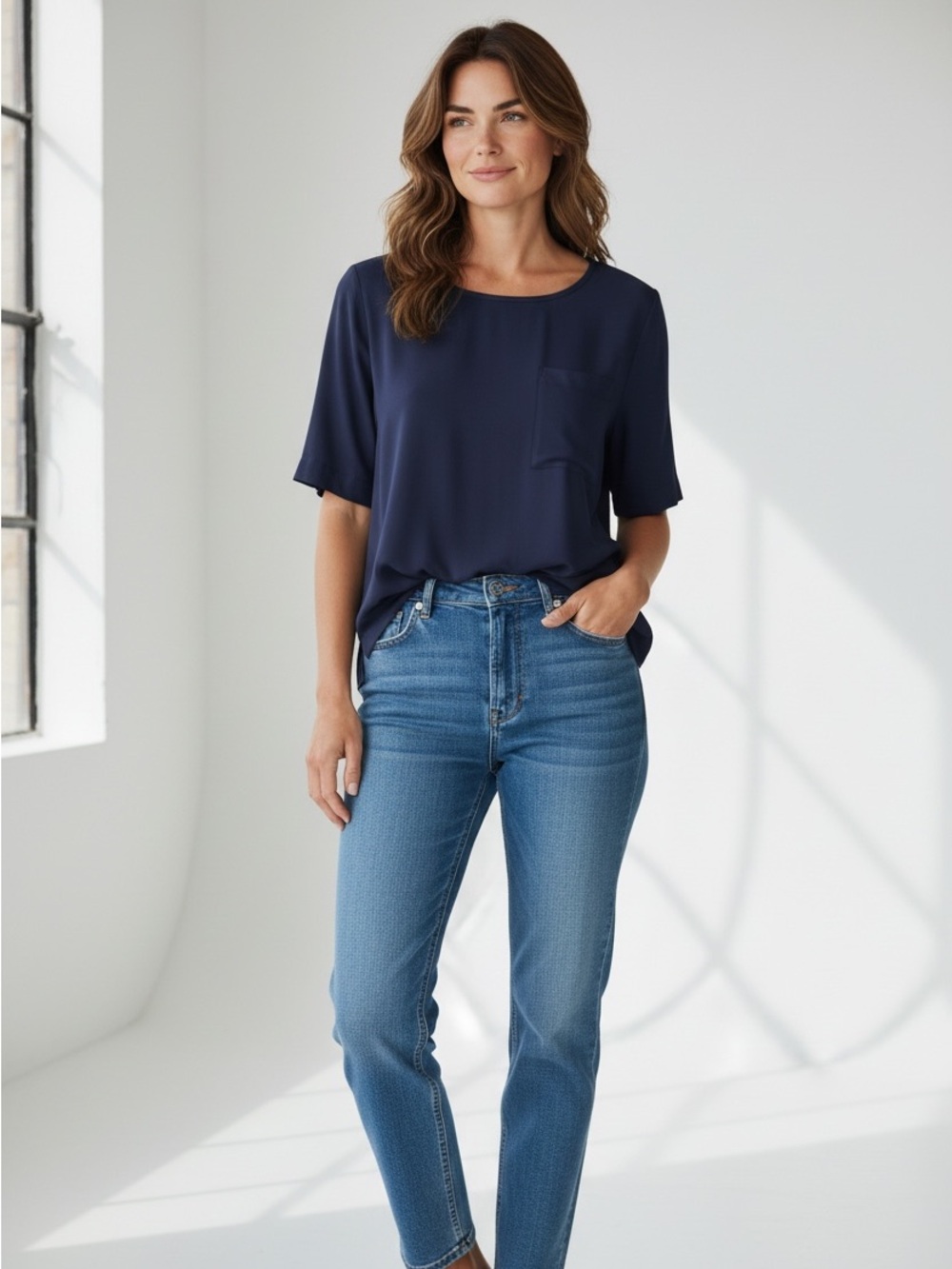 J Crew Women’s Size Small Short Sleeve Round Neck Navy Blue Pocket Blouse